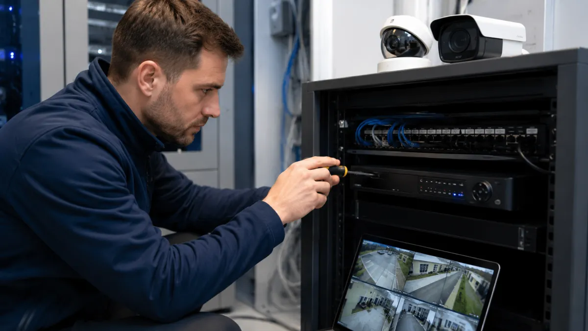 Technician diagnosing a CCTV fault on a commercial building