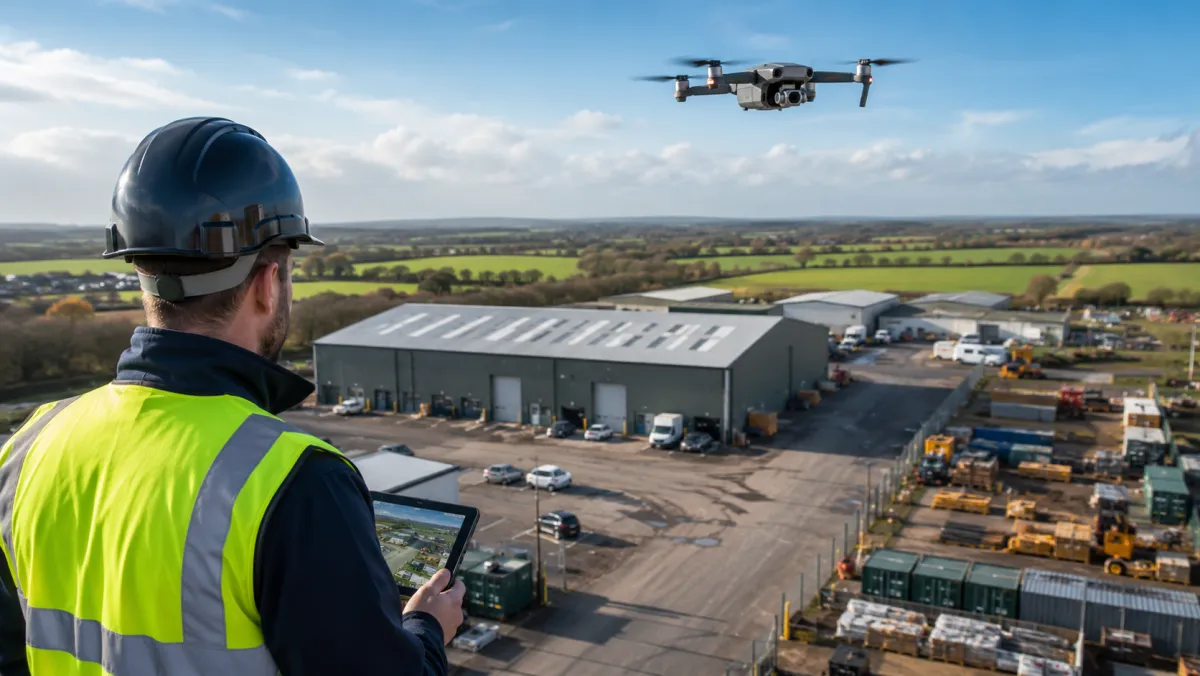 Drone flying over a commercial site for aerial CCTV planning